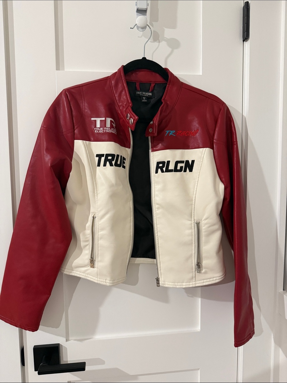 True Religion Red and White Women's Leather Moto Jacket